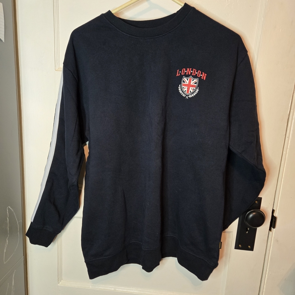 Five Star Men's Crewneck Sweater - Navy Blue with Red and White‎ Accents